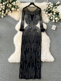 2024 New Fashion Bodycon Long Dress Europen O Neck Long Sleeve Feather Female Senior Mesh Transparent Diamonds