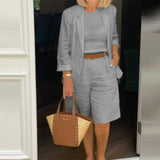 Women Solid Lapel Long Cardigan + Pockets Shorts Suits Elegant Ladies Loose Two Piece Sets New Casual OffcieCotton Linen