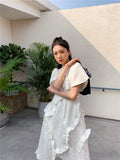 Ruffle Flare Sleeve Long Dress Summer 2022 Womens Fashion White A Line Ruched Designer Short Sleeve Midi