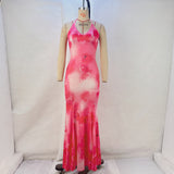Zingj Women's Summer New Fashion Print Open Back Hanging Neck Strap Slim Fishtail Dress Long Skirt