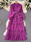 Spring French Style Chiffon Long Dress 2023 Long Sleeve Single Breasted Fashion Belt Women A-Line Elegant Party