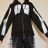 Gothic Skull Bones Printed Sweatshirt Zipper Up Long Sleeve Hoodies Women Spring Autumn Coat Top Y2K Aesthetic
