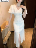 New Elegant Midi Dress For Women Solid One Piece Slim Clothing Femme Fashion Party Prom Clothing
