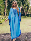 Blue Bohemian Embroidered Batwing Sleeve Side Split Summer Beach Dress Chiffon Tunic Women Plus Size Beachwear kaftan