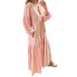 Spot 2025 Autumn New Women's Fashion V-Neck Bubble Sleeve Bohemian Cotton Linen