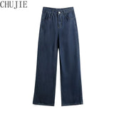 tage High Waist Do Old Women's Jeans Loose Fashion Dark Blue Women Wide Leg Straight Pants Casual Ladies Mopping