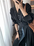 Summer Elegant Casual Midi Women Black Shirt Dress Long Sleeve Loose A-Line Party Vestidos Female Fashion Korean
