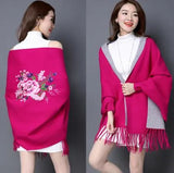Printed Tassel Knitting Poncho New Fashion Long Batwing Sleeve Swing Sweater Wrap Cardigan Female V