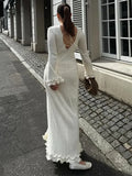 Flared Long Sleeve Round Neck Maxi Dress Women Back Lace Up Fishtail Slim Dresses Summer Fashion Lady Casual