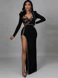 Fashion Elegant Club Party High Split Dresses Sexy 2 Piece Women Bodysuit Topsirregular Skirt Dress Matching