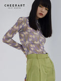 Lilac Tulip Floral Mesh Top Long Sleeve Tees See Through T Shirt Women Tshirt Turtleneck Ladies Top Korean