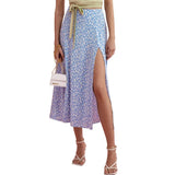 Elegant Split Long Skirts Vintage Leopard Floral Print High Waist A Line Skirts Office Lady Casual Bodycon Midi