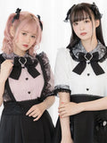 Japanese Kawaii Girl Sweet Cute Lolita Short Sleeve Shirt Summer Y2k Aesthetic Lace All Match Blouse Top Women