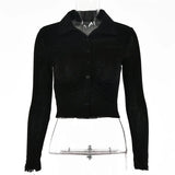 Autumn Long Sleeve Buttons Ruched T-Shirts Women Sexy Turn-Down Collar Slim Crop Tops Femme Fashion High Street T