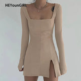 Split Side Solid Bodycon Mini Dress Women Square Collar Ribbed Casual Short Dresses Ladies Long Sleeve Korean