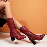 Size Women's Shoes 44 45 Fashion Zipper Snake Print Women Mid Calf Boots LadiesThick High Heel Autumn Winter Short