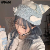 Aesthetic Streetwear Casual Hats Harajuku Patchwork Star Knit Hat Women 7 Colors Autumn Winter All Match Cute Cat Ears