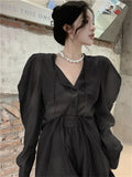 Sunscreen Suits OL Shirts Women Long Puff Sleeve New 2022 Summer Solid Close Waist Fashion Sexy Wide Leg Shorts