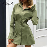 V Neck Long Sleeve Shirt Dress Bandage 2020 White Women Sexy Mini A Line Office Autumn Casual Tunic Dresses