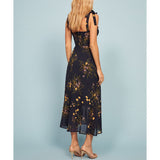 For Women Elegant Vintage Floral Dress Frill Sweetheart Neck Sleeveless Strap Tie Ruffle Hem Summer Beach