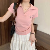 Embroidered Bow Polo Collar Short Sleeve TeeOutfit