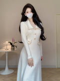 Winter Vintage Knitted Midi Dresses for Women 2023 Elegant Fashion Turn Down Collar Long Sleeves Sweater Female