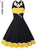 Elegant Vintage Floral Print Pleated Casual Dress Polka Dot Vestidos A-Line Pinup Business Party Women Flare Swing