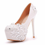 Cm White Lace High Heels Wedding Shoes Water Drill Pearl Banquet Shoes Large Size Thin Heel Waterproof Table Single