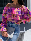 Zingj Burst Autumn Sexy Fashion One-Word Collar Off-The-Shoulder Print Shirt