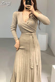 Women Knitted Bodycon Pencil Dress New 2023 Autumn Winter Solid Vestidos Long Sleeve V Neck Slim Lady Chic Korean