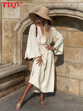 Sexy V-neck Beige Linen Dress Ladies Fashion Loose Long Sleeve Midi Dress Elegant Lace-up Classic Dresses For Women