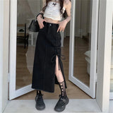 Women'S Long Denim Skirt Vintage High Wasit Drawstring Jeans Skirt Female Black Straight Side Split A-Line Pencil