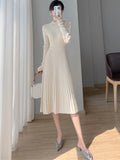Winter New Knitting Sweater Women Midi Pleated Dress Elegant Casual Long Sleeve Female