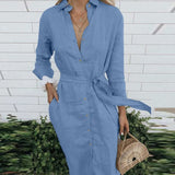 Elegant Lace-up Button Shirt Dress Casual Women Solid Cotton Linen Pocket Dress 2022 Lady Long Sleeve Office Long