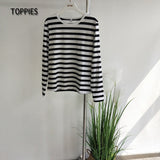 2021 Striped T-shirts Casual Oversized Round Neck Vintage Basic Tops Tees Women Long Sleeve White Black