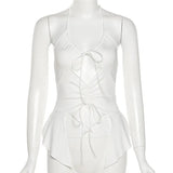 Sexy Ruffles Cut Out White Tank Tops Women Y2K Fashion Bandage Hollow Out Halter Tops Solid Shirring Crop Vest Tee