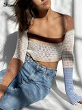 Autumn Long Sleeve Knitted Crop Top Summer Fashion 2021 Beach Patchwork Fashion Vintage Casual Sexy Green T