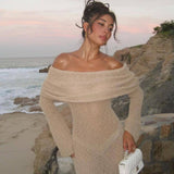Color Beach Holiday Dress Knitted One-Word Long Dress Hooded Summer Women's Long