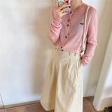 Women's Cashmere Cardigan Autumn Korean Small Spaceship Embroidered O Neck Light See Through Thin Button Sweater