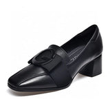 Zingj Spring New High Heels Square Head Thick Heel Middle Heel Work Shoes Square Button Head Layer Cowhide Four