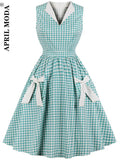 Women Red Plaid Printed Tunic Midi Pinup Dress Sleeveless 3XL 4XL Elegant Office Retro Cotton Vintage Dresses