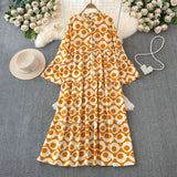 Zingj Light Extravagant Temperament Horn Long Sleeved V Collar Loose Thin Single Breasted Printed Dress Elegant Long