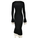 Solid Long Flared Two-piece Crop Sleeve Midi Dress- Outfit