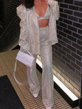 Set 3 Piece Set Women Sets Top Female High Waist Pants Suits Jacket Sexy Outfits Club Glitter Suit Tracksuit Clothing