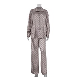 Zingj New Women's Spring Premium Long Sleeve Loose Shirt Trousers Two-Piece Satin Print Suit-Outfit