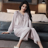 Women Pajamas Sets Sexy Lace Turn-Down Collar Pyjamas Sleep Suit Spring Summer Rayon Nightwear Casual Sleepwear Home