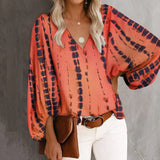 Streetwear Oversized XXXL Tops Blusa Summer V Neck Long Lantern Sleeve Blouse Casual Women Printing Loose Elegant