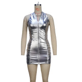 Zingj Selling Female 2024 Winter New Pure Color Pleated Sexy Hanging Neck Zipper Slim Wrap Hip Dress Women's