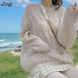 Women Hollow Out Sweater Long Sleeve O-neck Knitted Knitwear Casual Spring Autumn 2021 New Female Clothing Ins