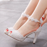 Yard Fish Mouth High Heel Sandals Waterproof Table Sandals Fine Heel Lace Beaded Wedding Shoes Wedding